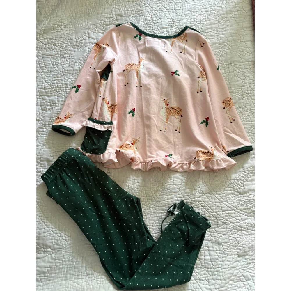 SweetHoney Girls Ruffle Set Size 4T Up On The Rooftop Christmas Print Boutique
